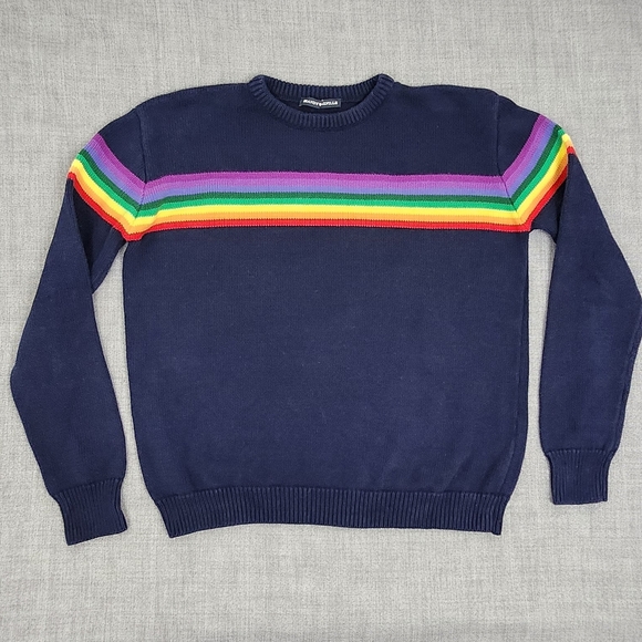 Brandy Melville Sweaters - Brandy Melville Navy /Rainbow Striped 100% Cotton Crewneck Knit Sweater. Medium